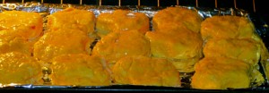 Sweet potato biscuits in the oven.