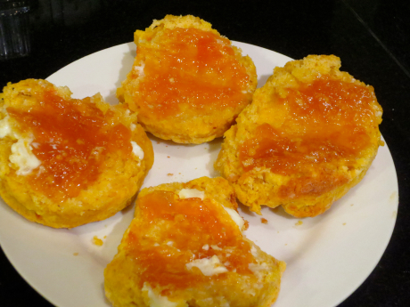 Sweet biscuits with butter and apricot preserves.