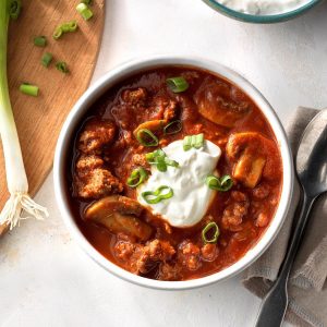 Using mushrooms instead of meat gives the chili a meaty flavor and texture without the fat and cholesterol.
